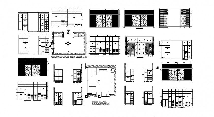 Wardrobe elevation, section, plan and carpentry details for bedroom dwg file