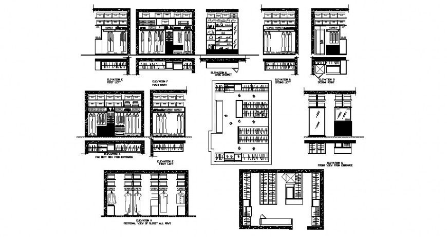 Wardrobe elevation, section and plan cad drawing details dwg file