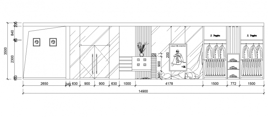 Wardrobe elevation CAD drawing with door, drawer, and mirror details