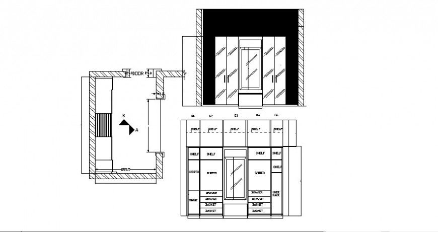 Wardrobe elevation with its section view and inner area in AutoCAD