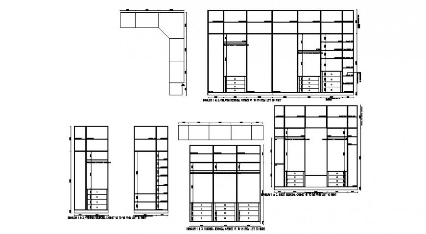 Wardrobe for bedroom elevation, section and plan cad drawing details dwg file