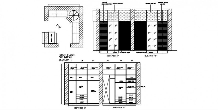 Wardrobe for children bedroom elevation, plan and carpentry details dwg file