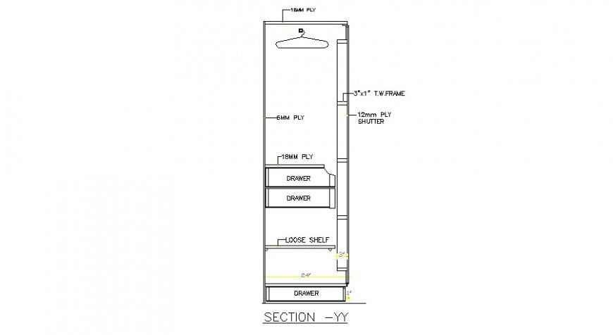 Wardrobe front side section cad drawing details dwg file
