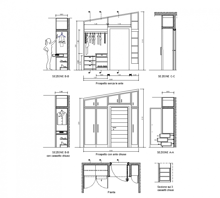 Wardrobe plan, elevation, and sectional detail DWG file for design
