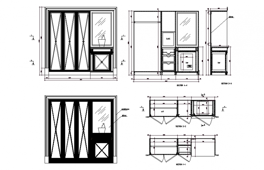 Built-in Wardrobe CAD DWG with Bar and Safe Elevation and Sections