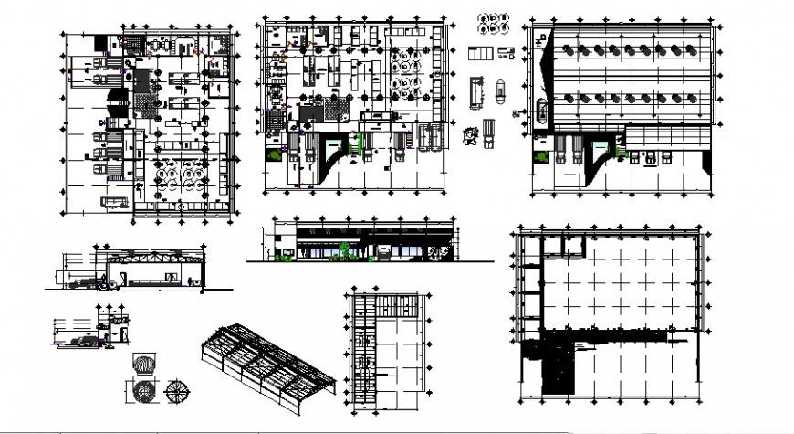 Warehouse of industry 2d view plan elevation and section dwg file