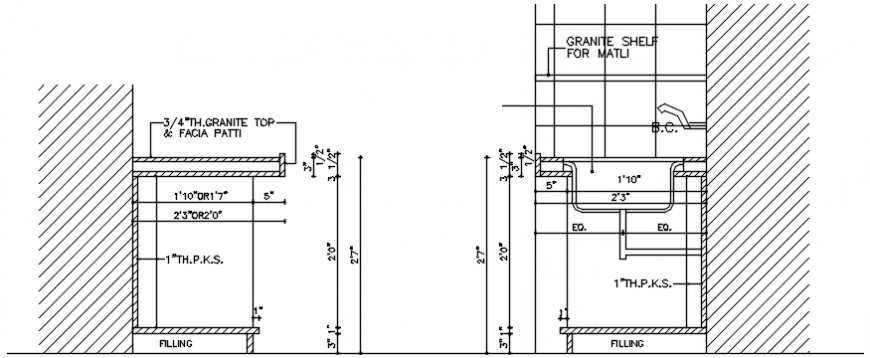 Wash basin and plumbing sectional details