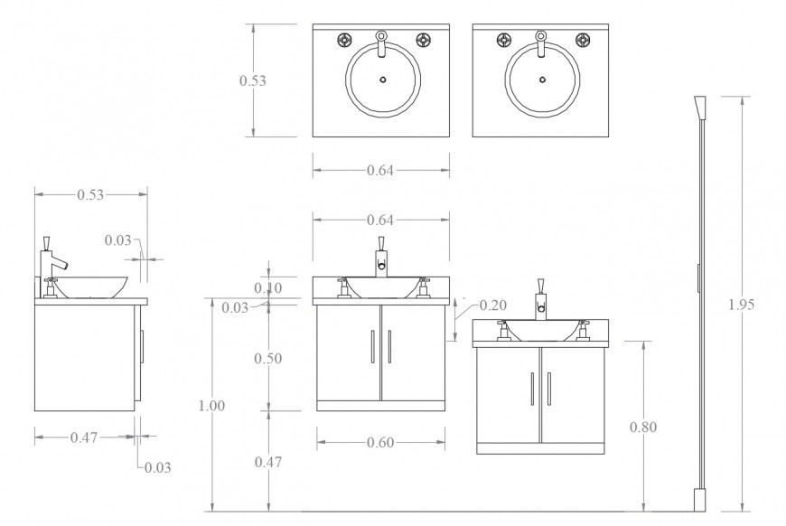 Wash basin and sink of kitchen section and installation details dwg file