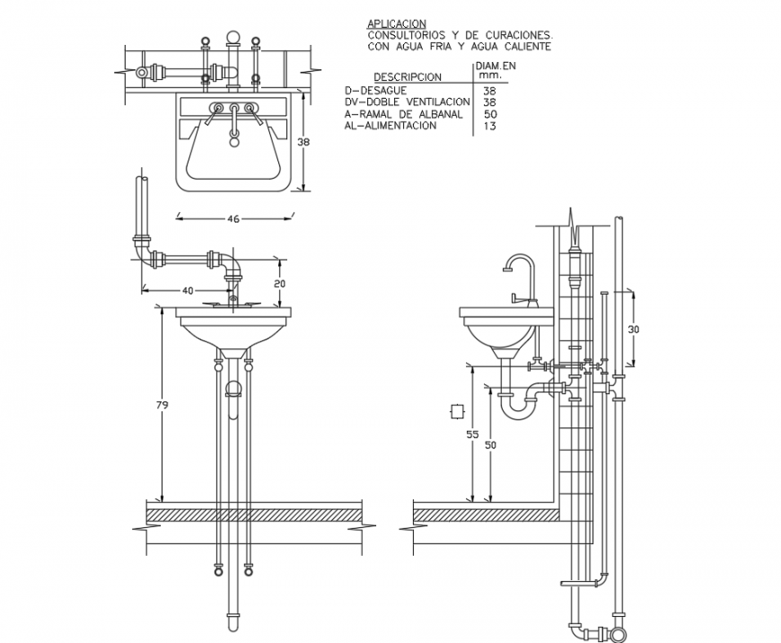 Washbasin with pedestal drawing in dwg AutoCAD file.