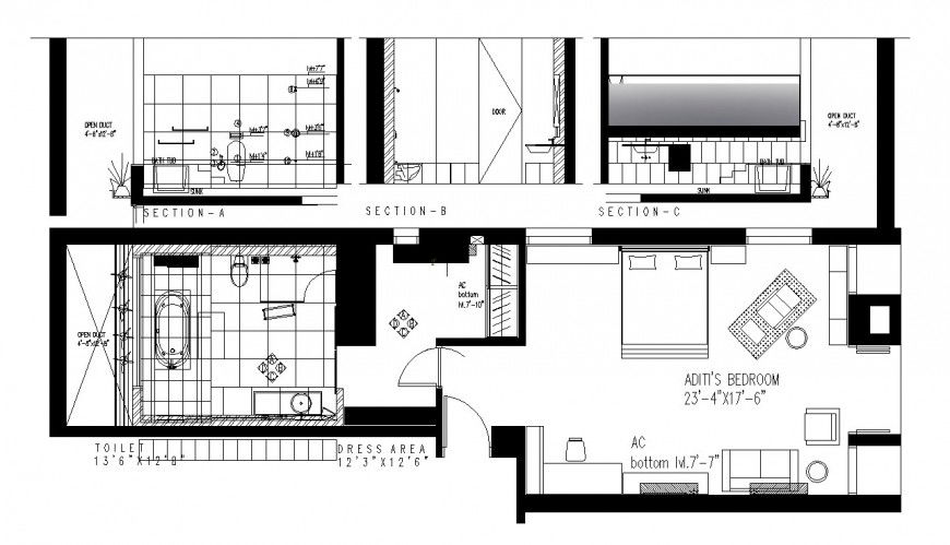 Washing area with toilet section view in auto cad file