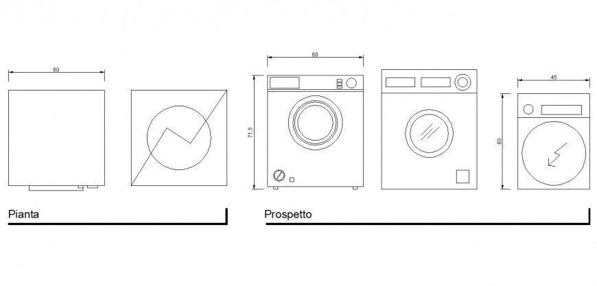 Washing machine model front sectional elevation model detail dwg file
