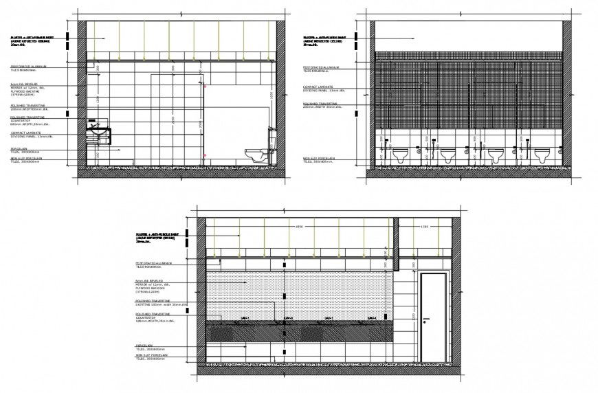 Washroom facilities all sided section, plan and installation details dwg file