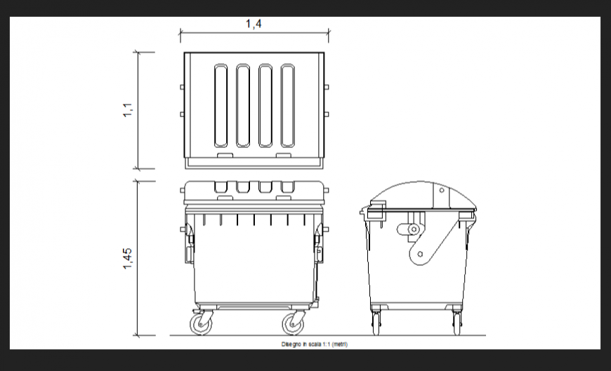 Waste boxes plan, elevation and side view dwg file