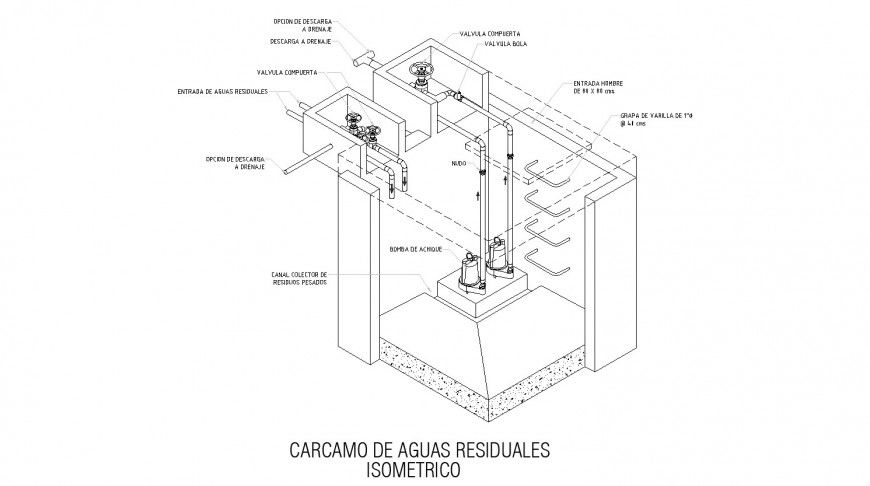 Wastewater carcass isometric view drawing in dwg AutoCAD file.