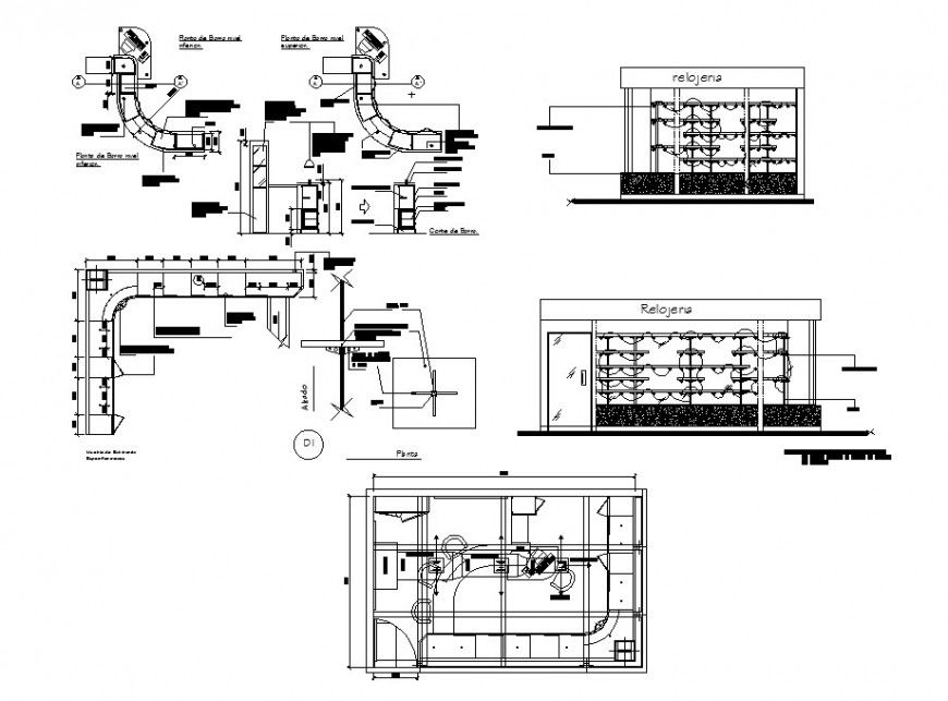 Watch making store section, plan and structure cad drawing details dwg file