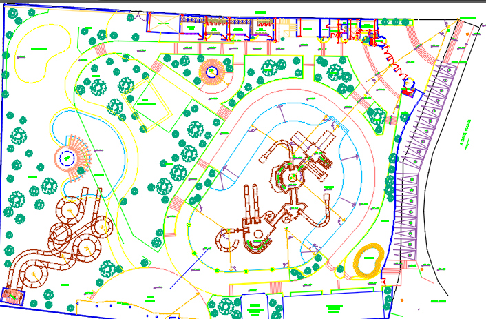 Water Park Layout Plan with Slides, Pools, and Play Areas in DWG File