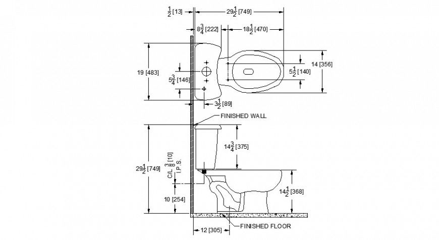 Water closet detail elevation 2d drawing autocad file