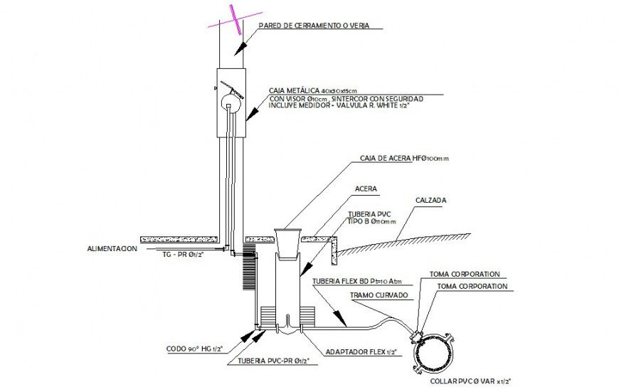 Water connection section and plumbing drawing details dwg file