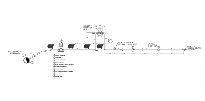 Water distribution system 2d view cut out section autocad file