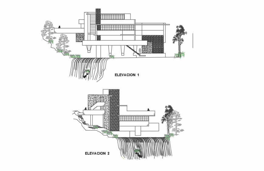 Water fall across bungalow design elevation detail dwg file