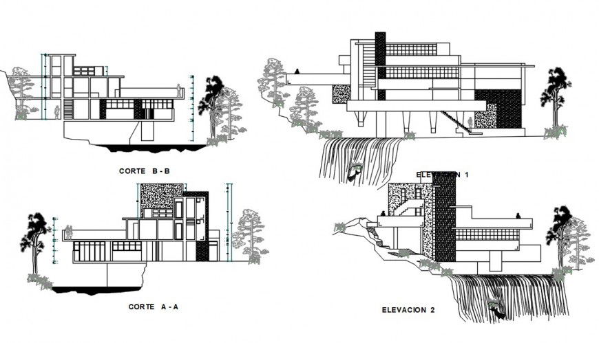 Water falling house drawing cad file