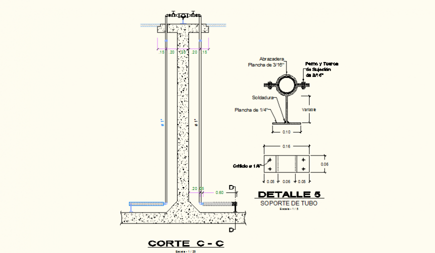 Water pipeline detail elevation and section dwg file