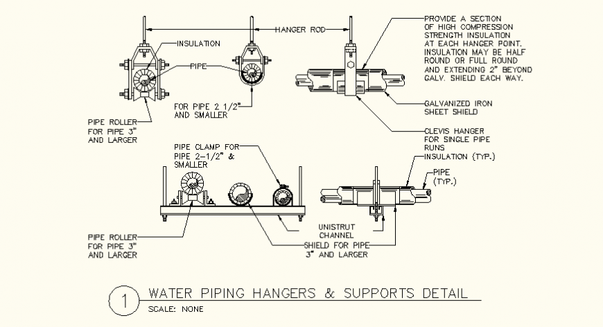 Water piping hangers and support arms dimension detail