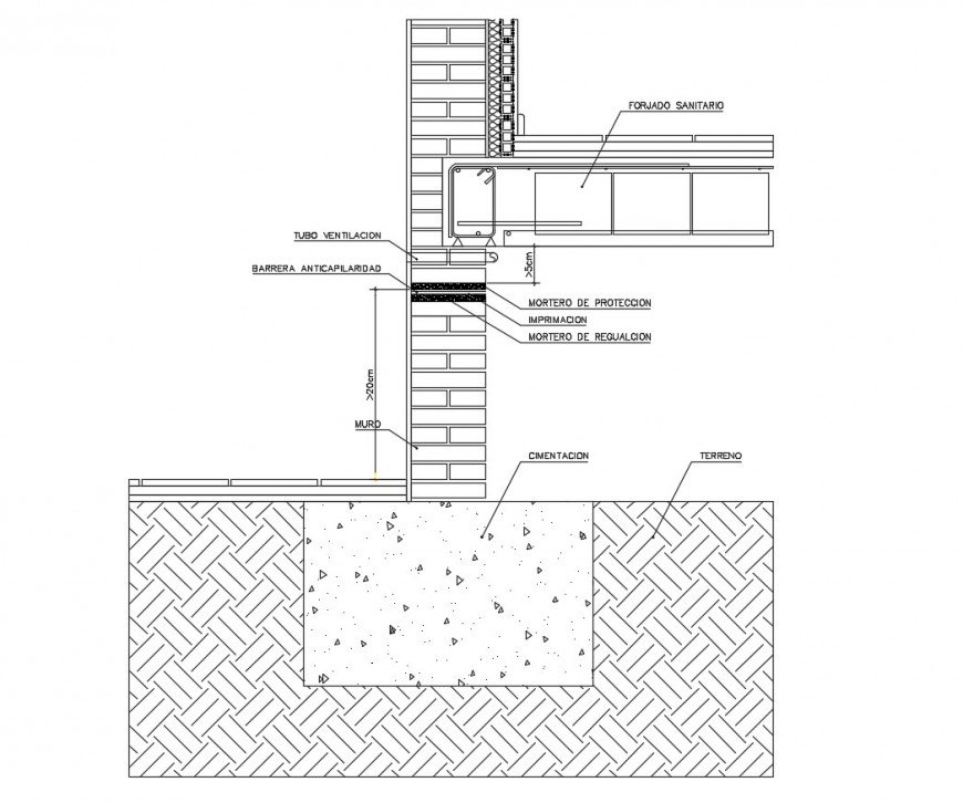 Water proof walls with barriers of anti-capillarity cad construction details dwg file