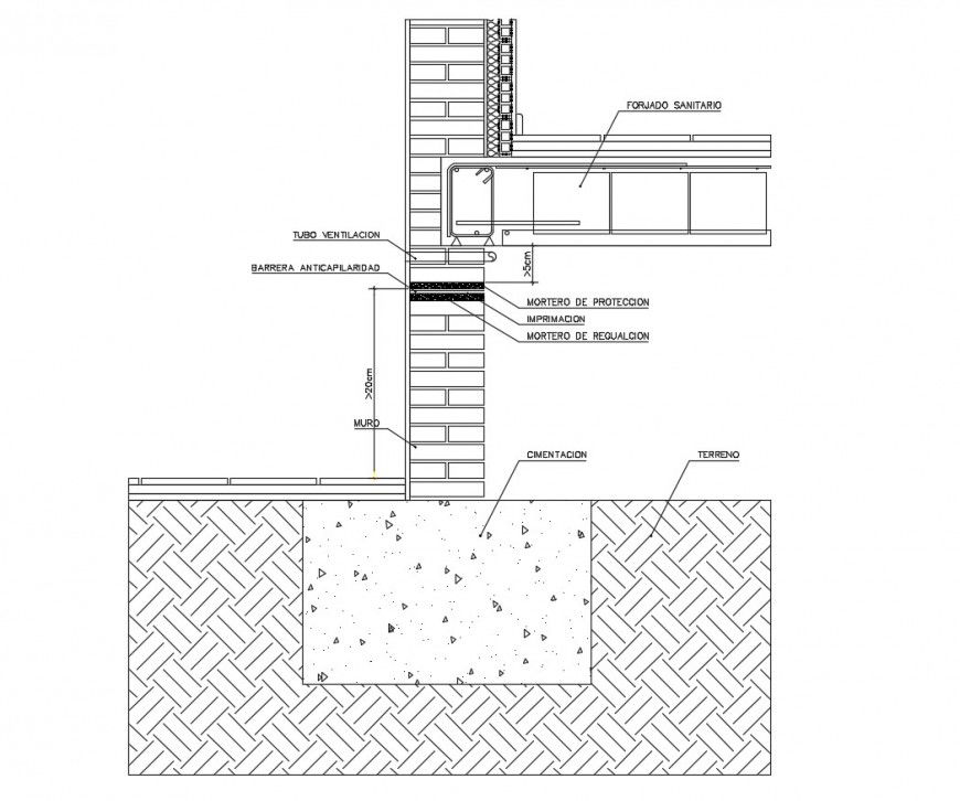 Water proofing wall with concrete area view in auto cad file