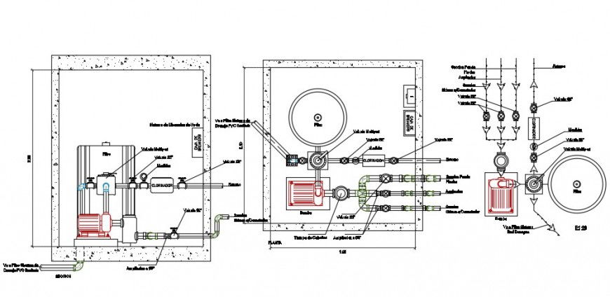 Water pump house section, plan and plumbing structure drawing details dwg file