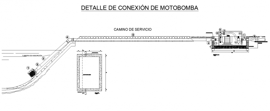 Water pump installation for irrigation system detail 2d view layout dwg file