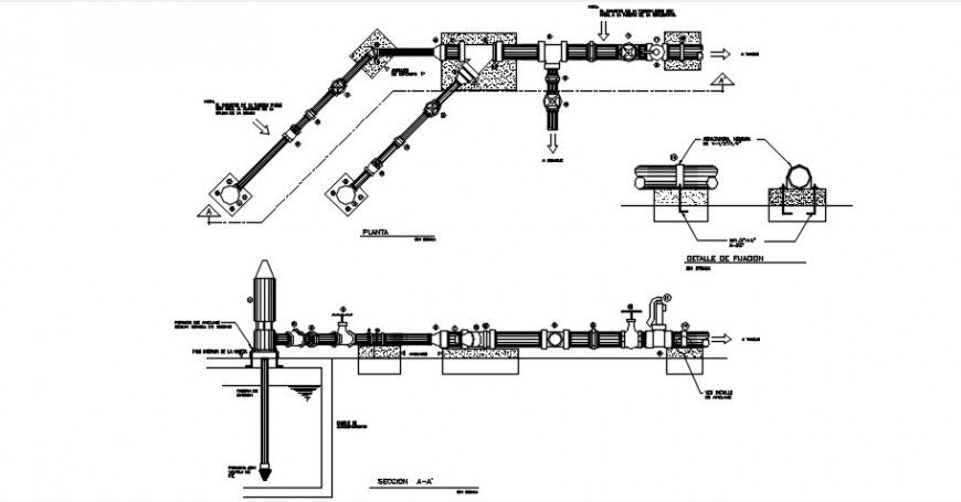 Water pump section and plumbing structure details dwg file