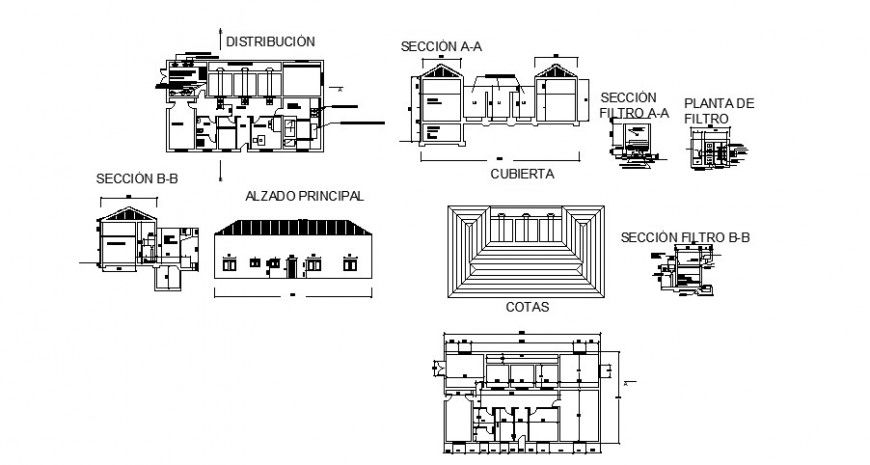 Water purification plant plan, elevation and section detail 2d view layout plan in autocad format