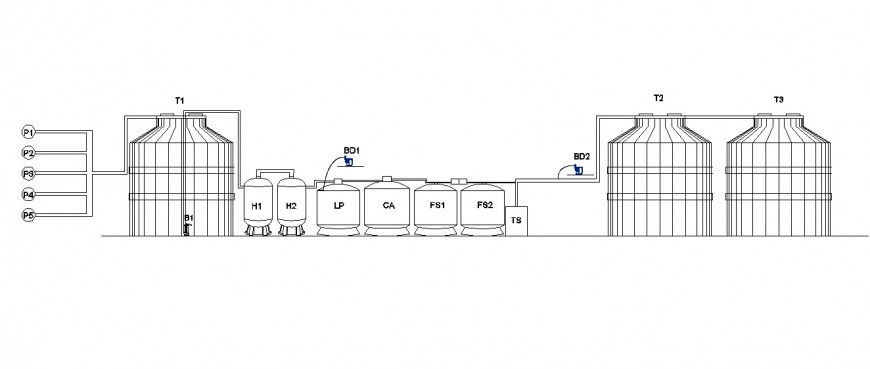 Water purification tank structure detail 2d view layout file in dwg format