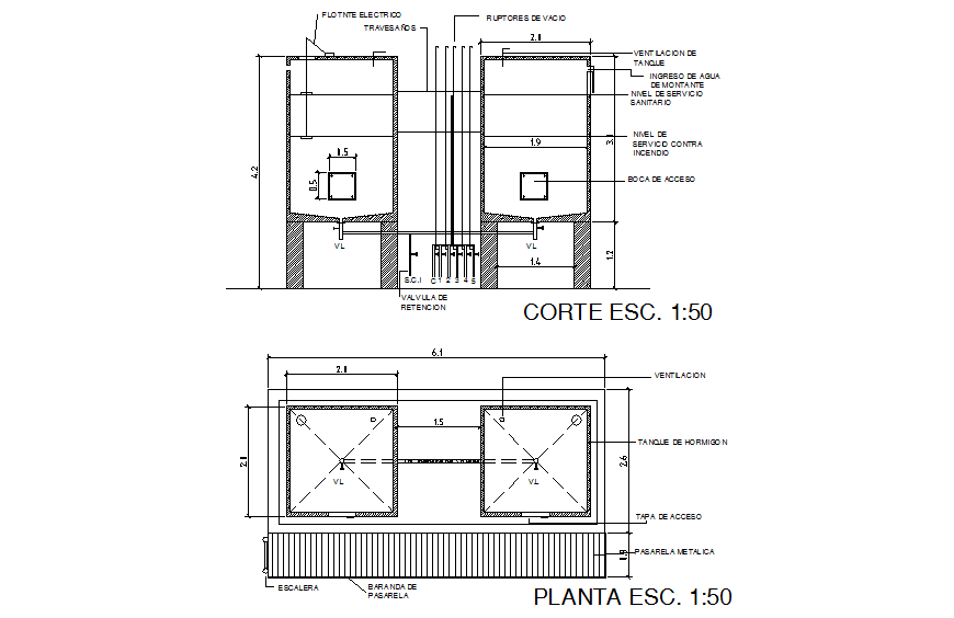 Water reservoir tank detail drawing in dwg file.
