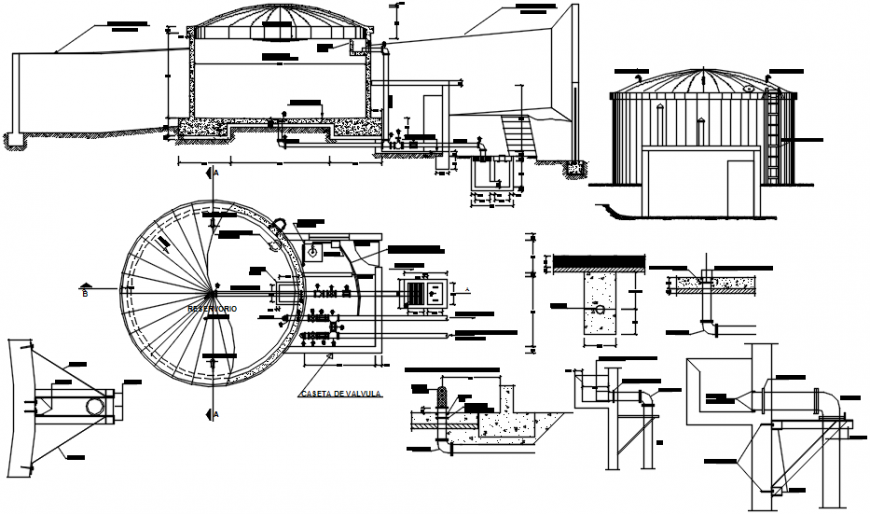 Water reservoir tank elevation, section, plan and plumbing drawing details dwg file