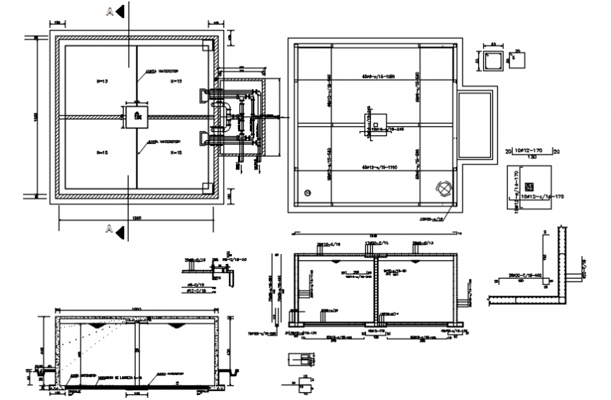 Water reservoir tank section, plan and plumbing structure drawing details dwg file