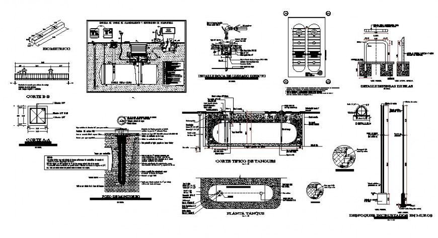Water septic tank elevation, section, plan, structure and plumbing details dwg file
