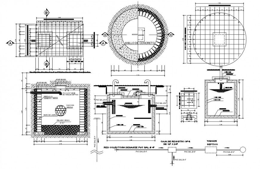 Water septic tank section, construction and plumbing details dwg file