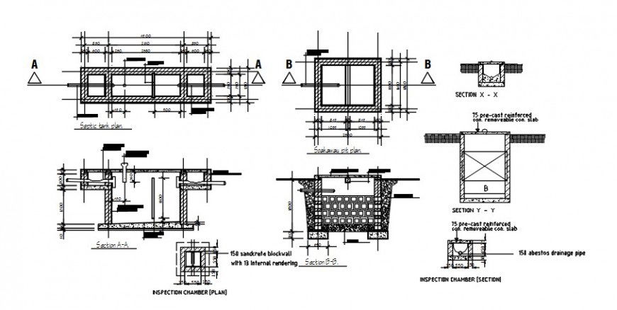Water septic tank section, plan and plumbing construction details dwg file