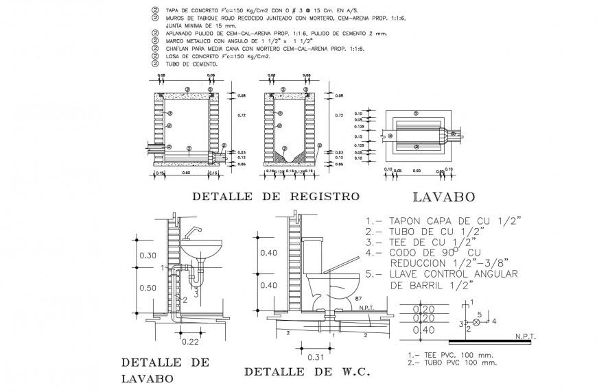 Water sink section and installation with plumbing details dwg file