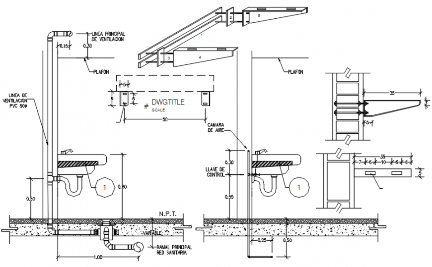 Water sink sections, installation and plumbing structure drawing details dwg file