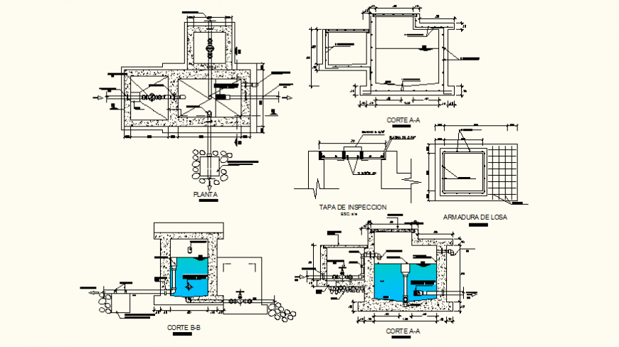 Water storage detail elevation, plan and section dwg file