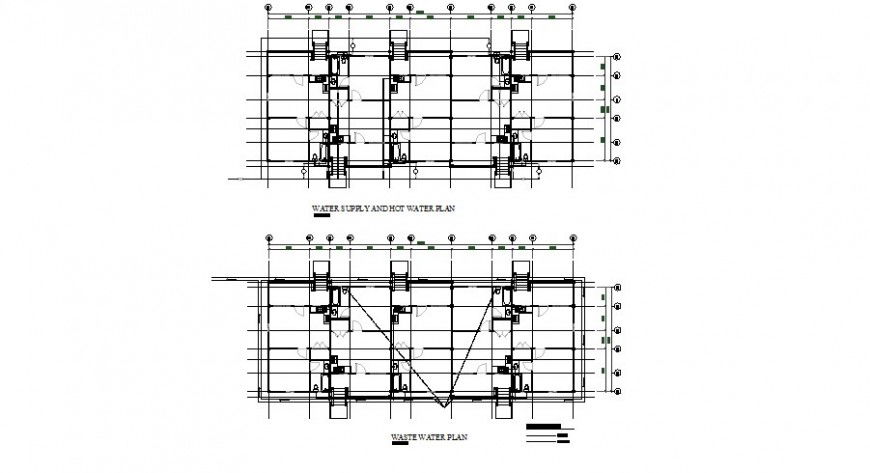 Water supply, hot water and waste water plan details of house dwg file