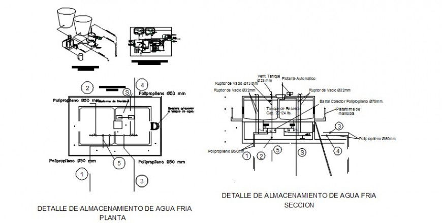 Water tank and pump room sections, plan and plumbing structure drawing details dwg file