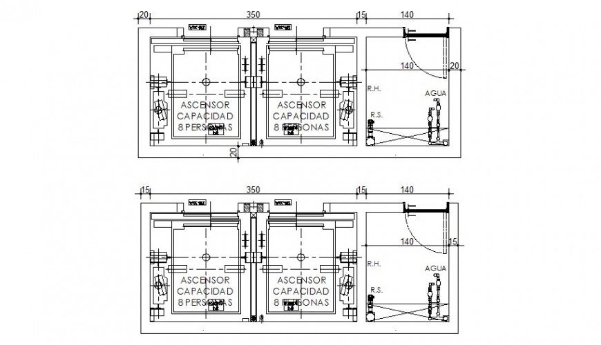 Water tank capacity, plan and hydraulic system details dwg file