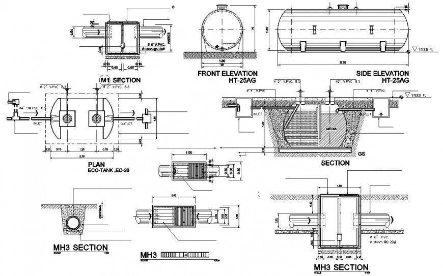 Water tank elevation, section and plumbing structure 2d drawing details dwg file