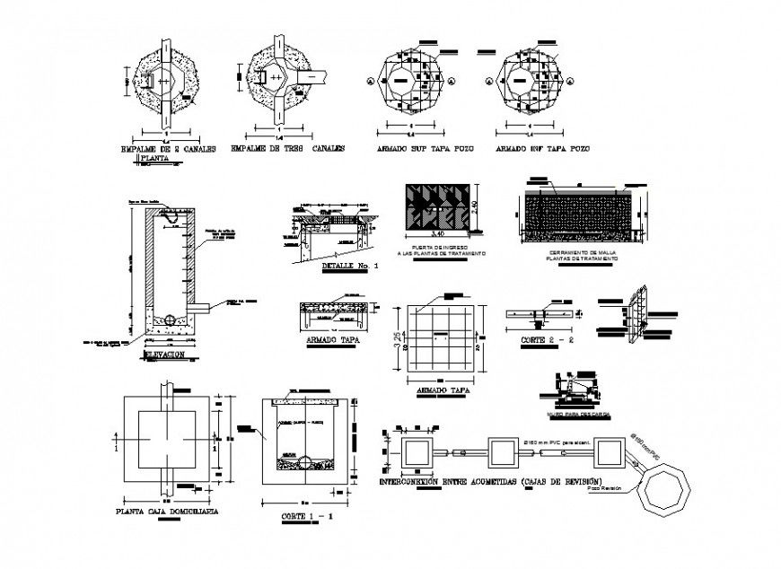 Water tank elevation, section and plumbing structure drawing details dwg file