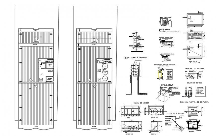 Water tank for apartment building elevation, section, installation and plumbing structure details dwg file