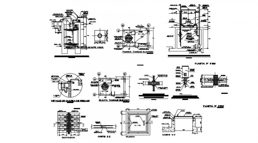 Water tank for apartment building section, plan and installation details dwg file